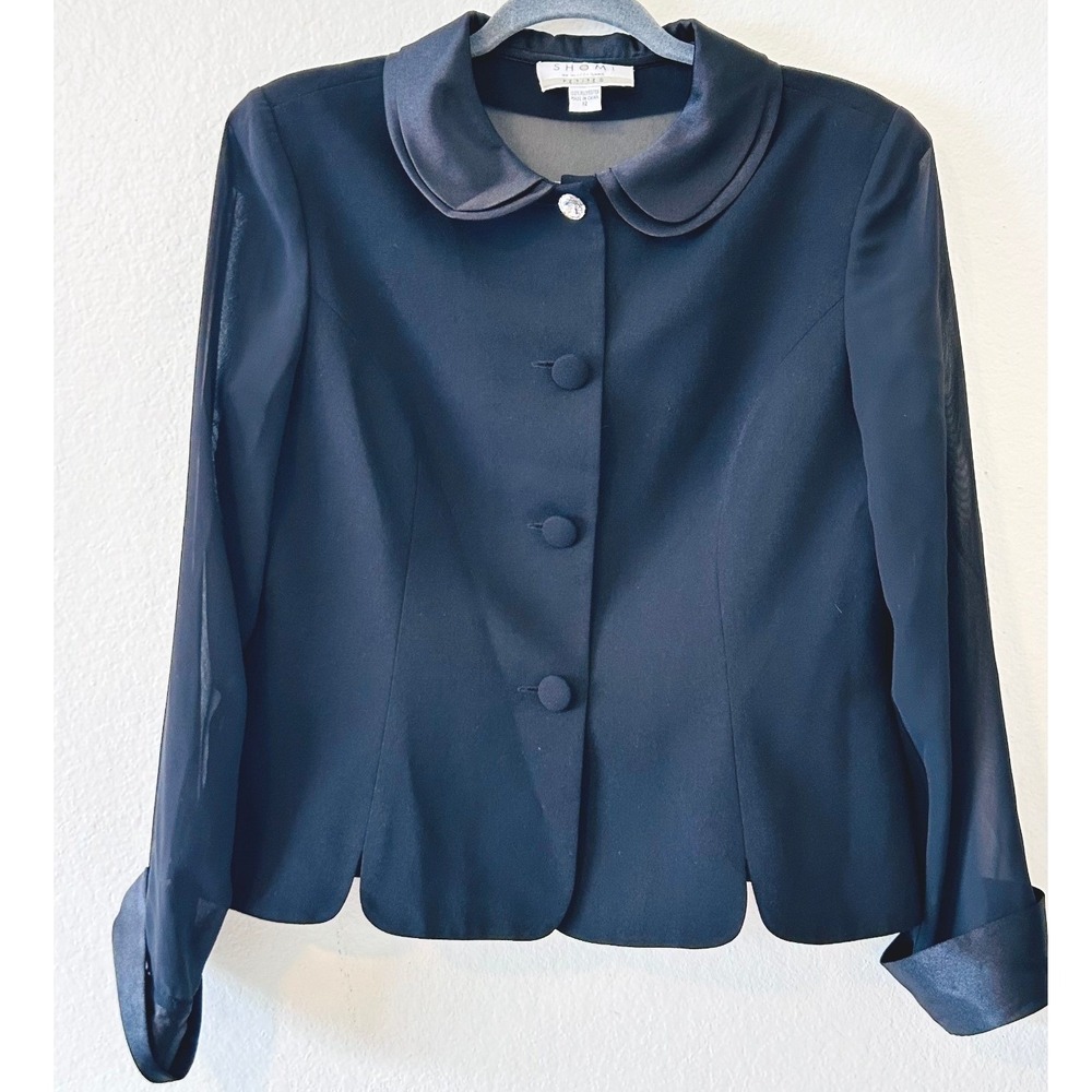 Shomi by Miller Shor Black Sheer Sleeve Evening Jacket Satin Collar Petites 12